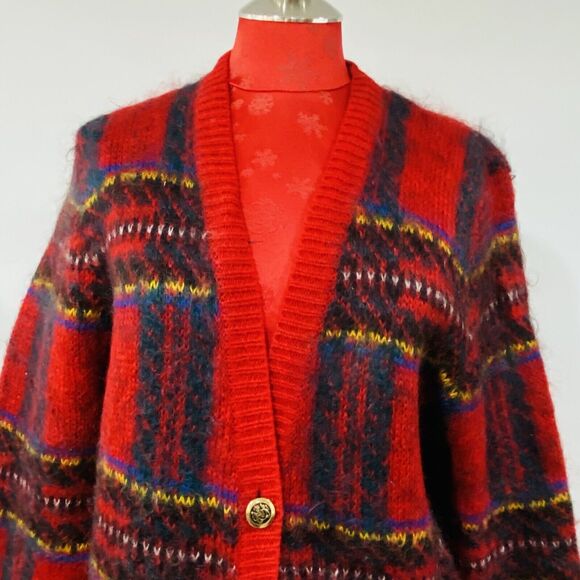 Vintage Susan Bristol Sz M Red Plaid Mohair Wool Blend Cardigan Sweater Classic - Picture 3 of 12